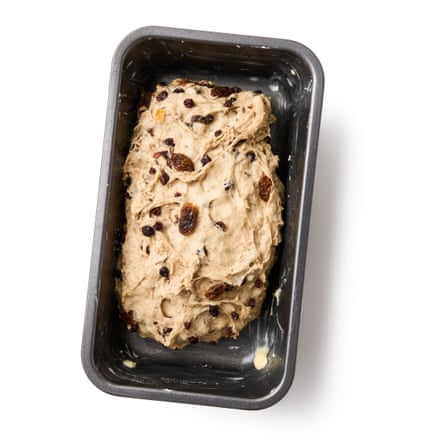 Felicity Cloake’s bara brith 04a. We have put the dough in a tin to prove again until the dough has risen to the top of the tin.