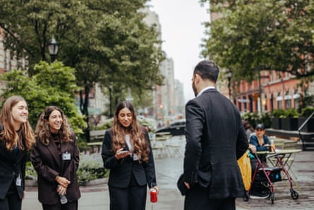 A group of supporters asks for a photo with mayoral candidate Zohran Mamdani as he walks through Manhattan, New York, on Tuesday, June 17, 2025,
