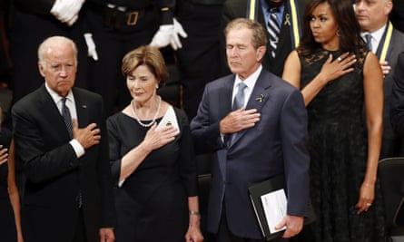 Vice-President Joe Biden, former first lady Laura Bush, former president George W Bush and first lady Michelle Obama at the service.