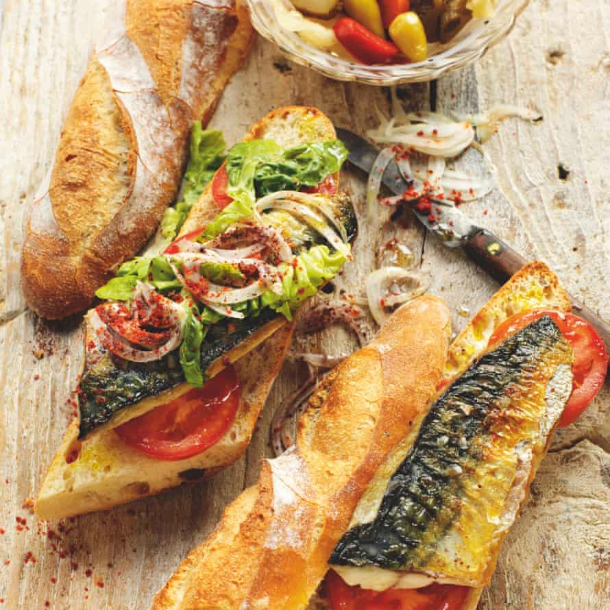 Rick Stein's balık ekmek - griddled mackerel in a baguette with tomato, lettuce, onion, chilli and sumac.