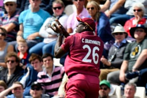 Carlos Brathwaite of West Indies catches Jonny Bairstow of England.