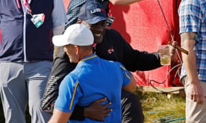 Michael Jordan greets Team Europe vice captain Henrik Stenson by the 11th green.