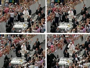 A man leaps over a barrier during Benedict’s weekly audience in Vatican City in 2007. The man tried to jump on to the popemobile but was stopped by guards