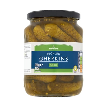 A jar of Morrisons Whole Gherkins
