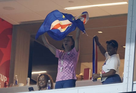 The mother of Cape Verde’s Vozinha, Ana Candida Evora, celebrates in the stands after missing the first game against Spain
