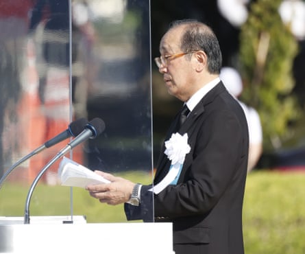 Hiroshima Mayor Kazumi Matsui delivers a speech that called for a renewed push to abandon nuclear weapons as a deterrence.
