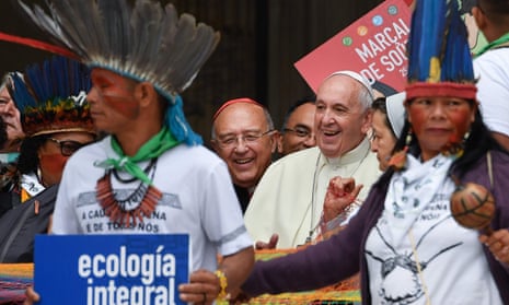 The pope on Monday at the Vatican. Francis described how upset he became when he heard a snide comment about the feathered headdress worn by an indigenous man at mass on Sunday.
