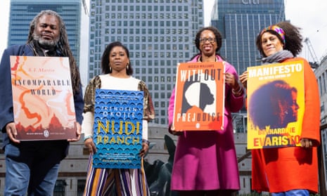 (From left) SI Martin, Irenosen Okojie, Nicola Williams and Bernardine Evaristo unveil their contributions to the Short Story Stations project at Canary Wharf in London