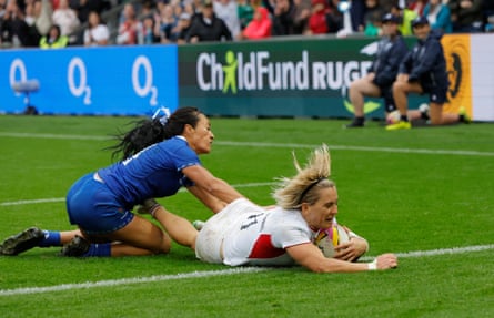 Claudia Moloney-MacDonald scores the final try for England during their Women’s Rugby World game against Samoa