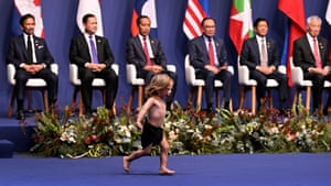 Leaders watch as an Indigenous Australian boy performs after they posed for the family photo during the 50th ASEAN-Australia Special Summit in Melbourne on March 5, 2024.