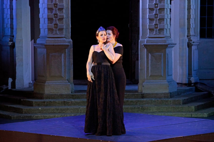 Anna Devin, left, as Poppea, and Kitty Whately as Nerone performing Pur ti miro.