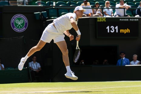 Jannik Sinner of Italy in action during his Gentlemen’s Singles quarterfinal match against Jan-Lennard Struff of Germany on day nine of The Championships Wimbledon 2026