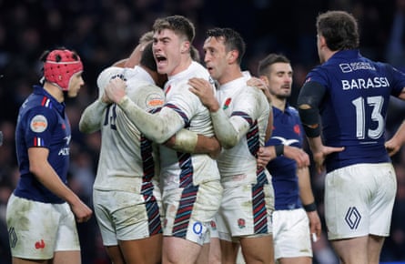 Tommy Freeman celebrates after Elliot Daly’s match-winning try against France in February