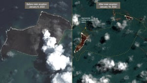 Before and after the main eruption of the Hunga Tonga-Hunga Ha’apai undersea volcano in Tonga in January