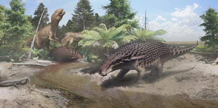 An illustration of the 110-million-year-old Borealopelta markmitchelli discovered in Alberta, Canada.