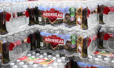 Cases of bottled Arrowhead spring water displayed for sale in Hawthorne, California.