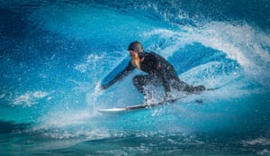 Blakey Johnston pictured surfing 22 days into his world record attempt on 25 July 2025, in Sydney, Australia.
