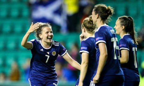 Hayley Lauder (left) celebrates with Scotland teammates after a goal by Kim Little in the Euro qualifier at home to Cyprus.