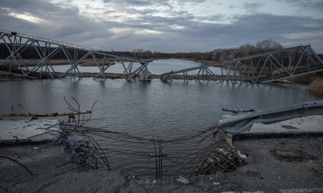 A bridge is seen collapsed over a river nearby Lyman City, Ukraine, November 30th, 2022.