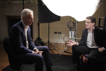 Tony Blair talking with director Michael Waldman.