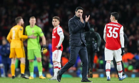 Mikel Arteta applauds the home fans after Arsenal’s shock Europa League defeat.