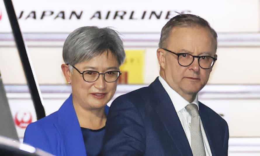 New Australian PM Anthony Albanese and foreign minister Penny Wong arrive at Haneda airport in Tokyo, Monday, 23 May, 2022.