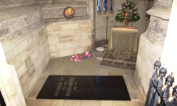 The previous ledger stone in the floor of George VI Memorial chapel in Windsor with the names of the Queen's parents, George VI and Elizabeth