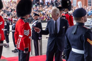 King Charles III greets the Welsh Guards outside The Senedd on his first visit to Wales as monarch.