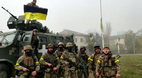 Soldiers of the forces of the 131st separate reconnaissance battalion celebrate recapturing the city of Snihurivka in Mykolaiv Region.