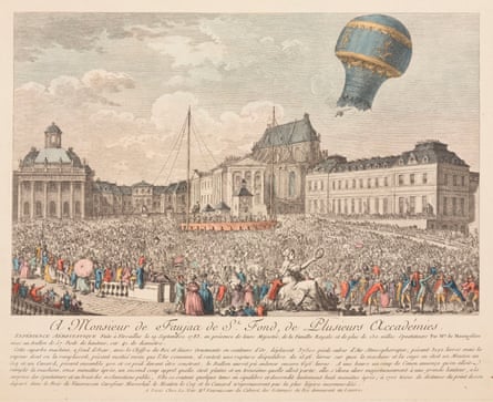 18th-century picture of the first balloon ascent with animals, lifting off in front of a vast crowd outside the Palace of Versailles including the king and queen of France. 