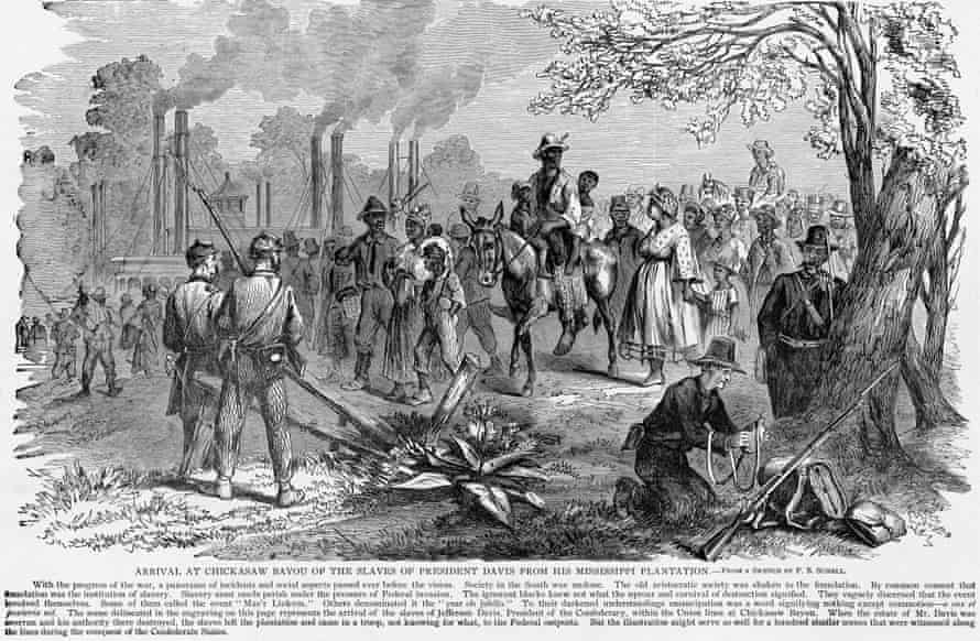 A painting of freed slaves, once belonging to Confederate president Jefferson Davis, arriving at a 'federal camp' in Chickasaw Bayou, Tennessee.