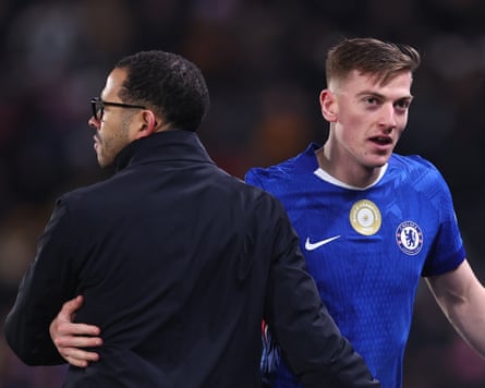 Liam Rosenior embraces Liam Delap as the Chelsea striker leaves the field after providing three assists against Hull