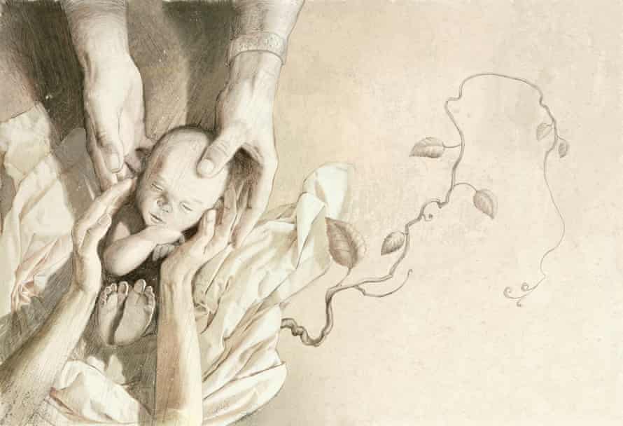Illustration of a baby and two people holding it from Matt Ottley's book