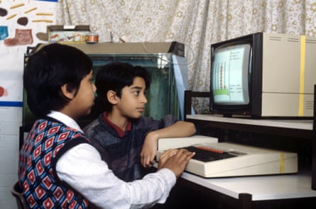 British primary school children learning maths on a BBC Micro.
