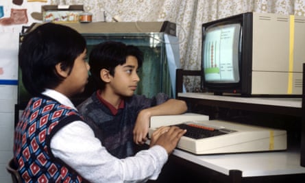UK Primary school children in class in ‘Video Maths’ - 1988 on a BBC Micro Computer.