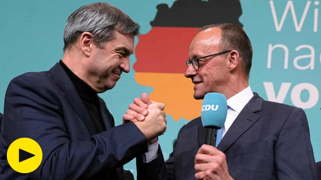 German election: Conservative bloc celebrates win with far-right AfD in second – video