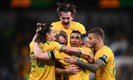 Keanu Baccus celebrates scoring his first Socceroos goal to put Australia up 2-0 against Lebanon in the World Cup qualifier in Sydney.