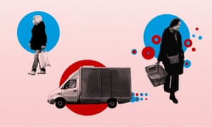 Graphic composite showing people shopping alongside a delivery van