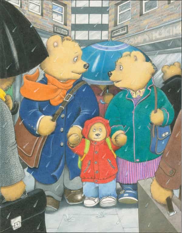 An illustration of the bear family on a city street on a rainy day, with a father and mother holding a junior bear by each hand
