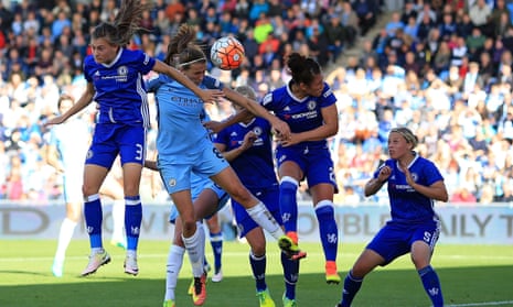 Jill Scott scores the opening goal for Manchester City in their 2-0 home victory against Chelsea last year.