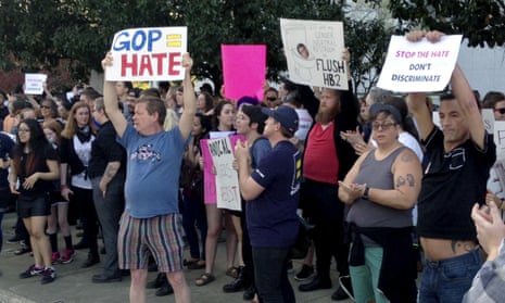 Pro-LGBTQ+ protesters at a rally in North Carolina.