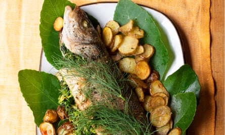 Baked sea bass, courgette and spinach stuffing.