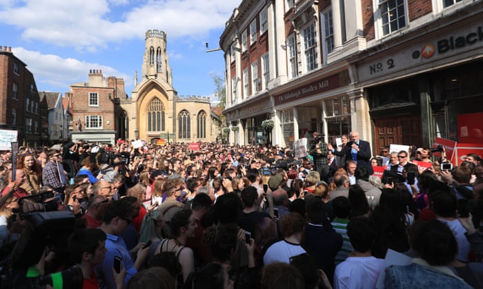 Jeremy Corbyn makes a campaign speech in front of a large crowd in St Helen’s Square, York.