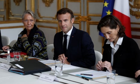 Élisabeth Borne, Emmanuel Macron and the Olympics minister, Amélie Oudéa-Castéra, at a meeting at the Élysée Palace on Thursday