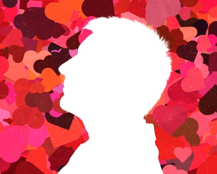 Composite image of a man in profile all in white with a colourful wallpaper of scattered pink, red and purple hearts in background