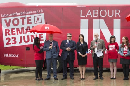 Tom Watson, third from left, attends a launch in front of the ‘Labour In For Britain’ campaign bus, with colleagues including Jeremy Corbyn.
