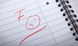 F grade and a sad smilie, written in red letters in a spiral pad.