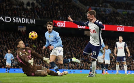 James Maddison scores Tottenham’s 2nd extremity successful nan 4-0 triumph astatine Manchester City successful November 2024.