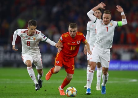 Joe Morrell of Wales (centre) goes past Adam Nagy of Hungary during their Euro 2020 qualifier in November 2019.