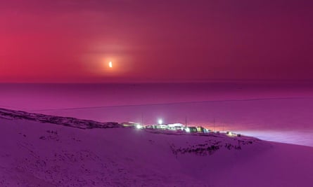 Facing north-east from the top of the Hilary Trail, showing Scott Base with the moon behind